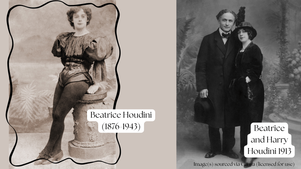 Two Photos side by side, one of beatrice houdini in a stage outfit, the other of both beatrice and harry in 1913