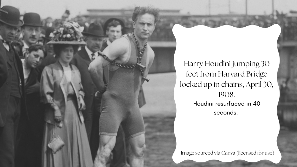 Harry Houdini jumping 30 feet from Harvard Bridge, locked up in chains, April 30th 1908 about to jump in. Houdini resurfaced in 40 seconds.